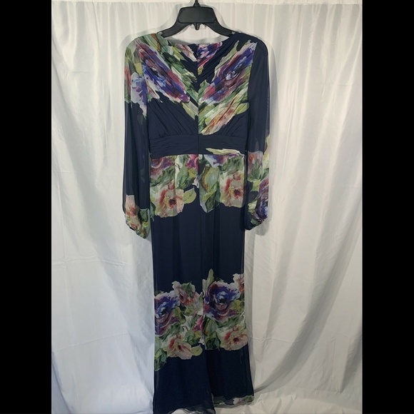 NEW $249‎ Adrianna Papell Long Sleeve Floral Print Chiffon Gown [ SZ 4 ] - Picture 8 of 12